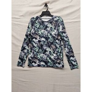 Reel Life Mens Tropical Leaf Rash Guard Blue Polyester Athletic Size Large